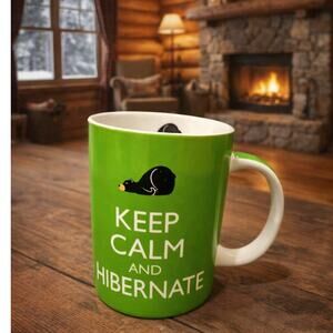 Cape Short keep calm and Hibernate coffee mug green lazy bear print winter logo